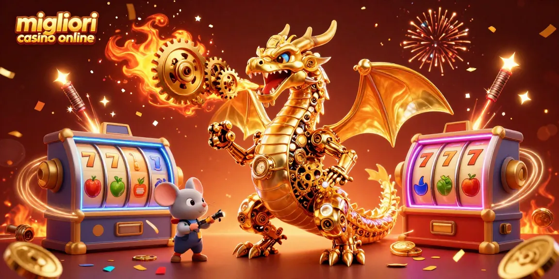 Migliori casino online: Apprezza la maestosa illustrazione di un drago in un casinò con slot e fuochi d'artificio.