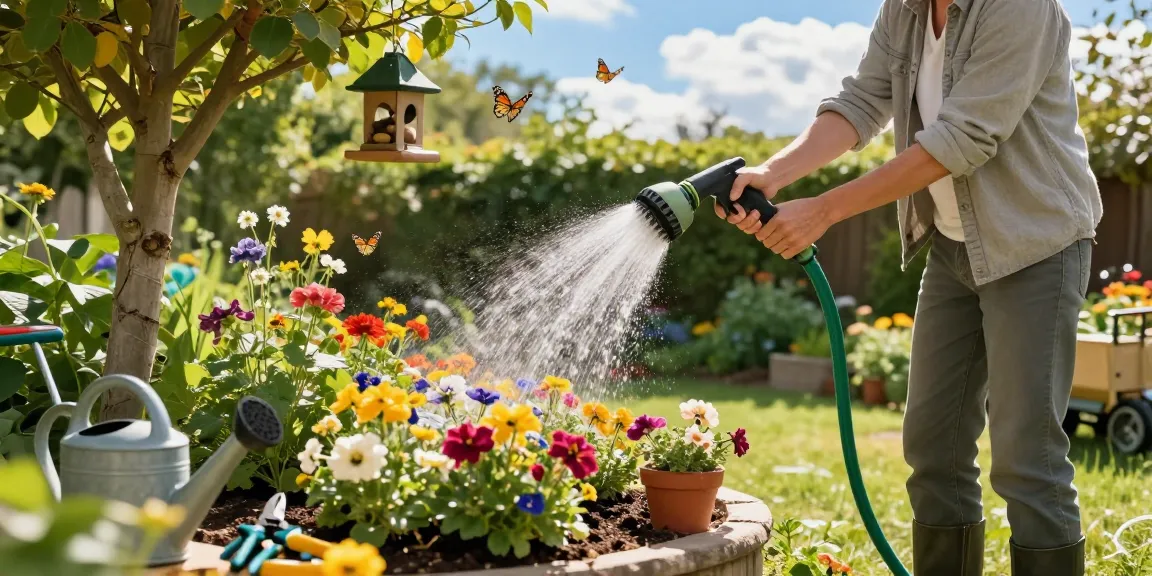 Using the best hose nozzle to effortlessly water vibrant flower beds while enjoying a sunny garden.