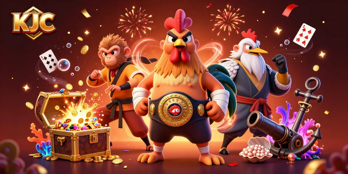 KJC presents an energetic casino experience with colorful characters and gaming elements in a vibrant scene.