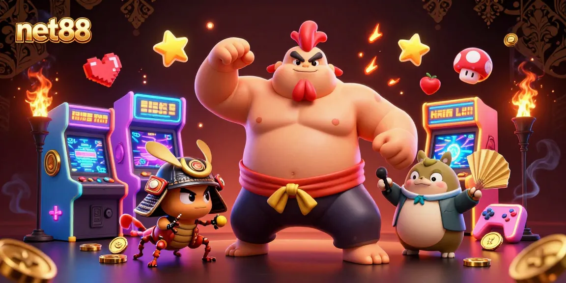 Experience thrilling action with net88's sumo wrestler, fighting cricket, and tanuki in a rich casino setting.