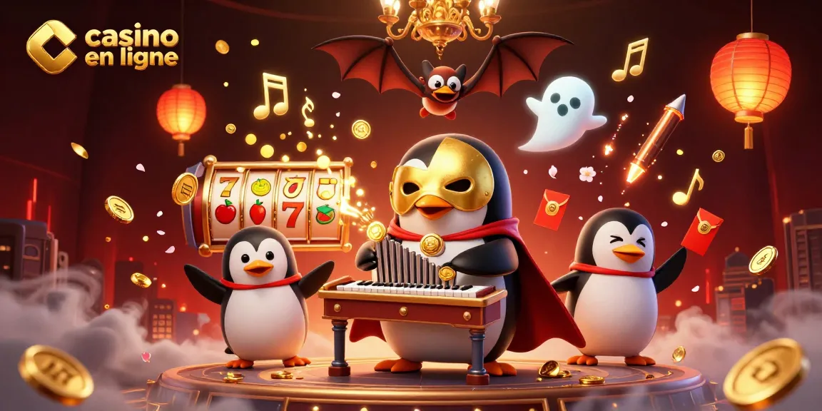 Jouez au casino en ligne avec un pingouin en costume, des lumières et des symboles brillants.