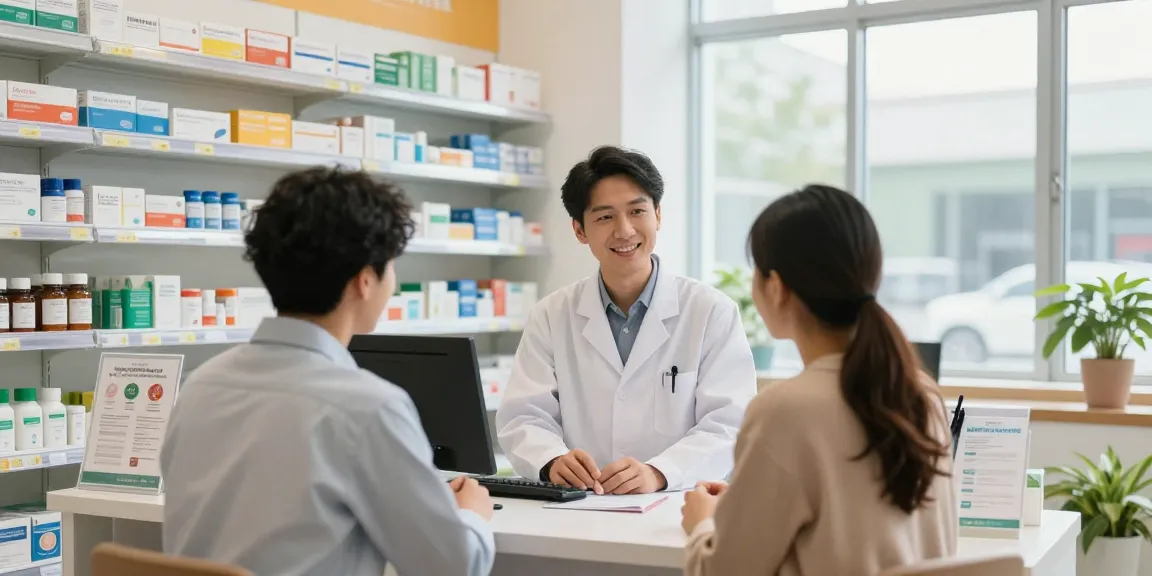 buy medicine in canada at a modern pharmacy with pharmacist assisting a customer