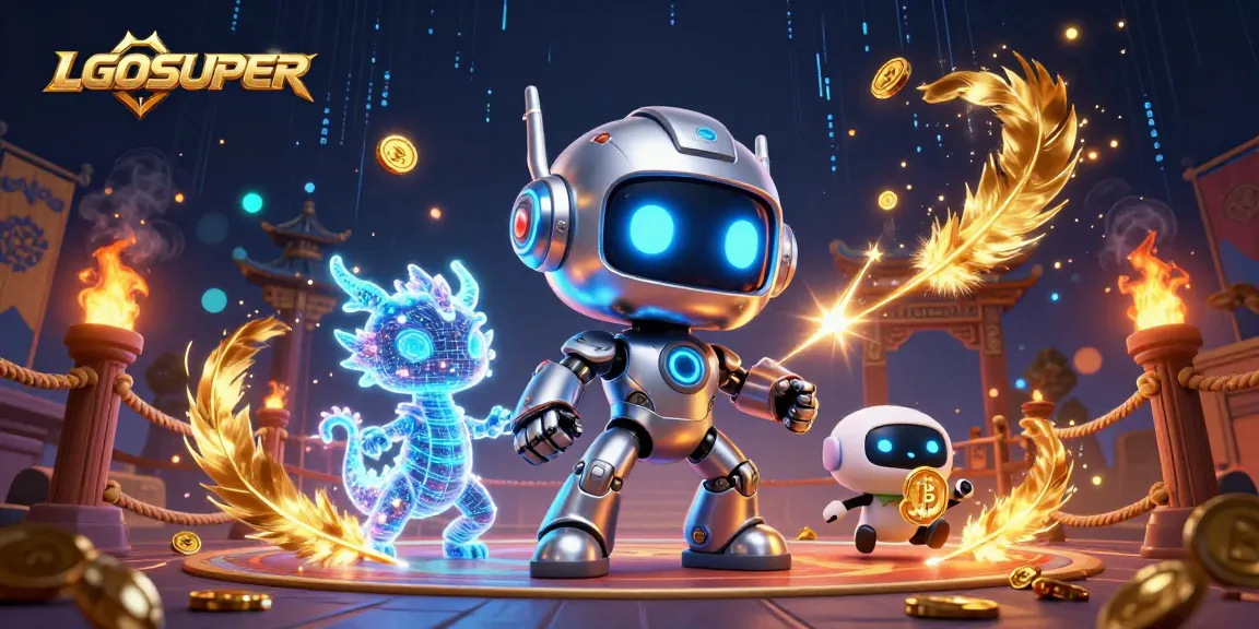 Engage with LGOSUPER's vibrant casino scene showcasing a cyberpunk robot and AI creatures.
