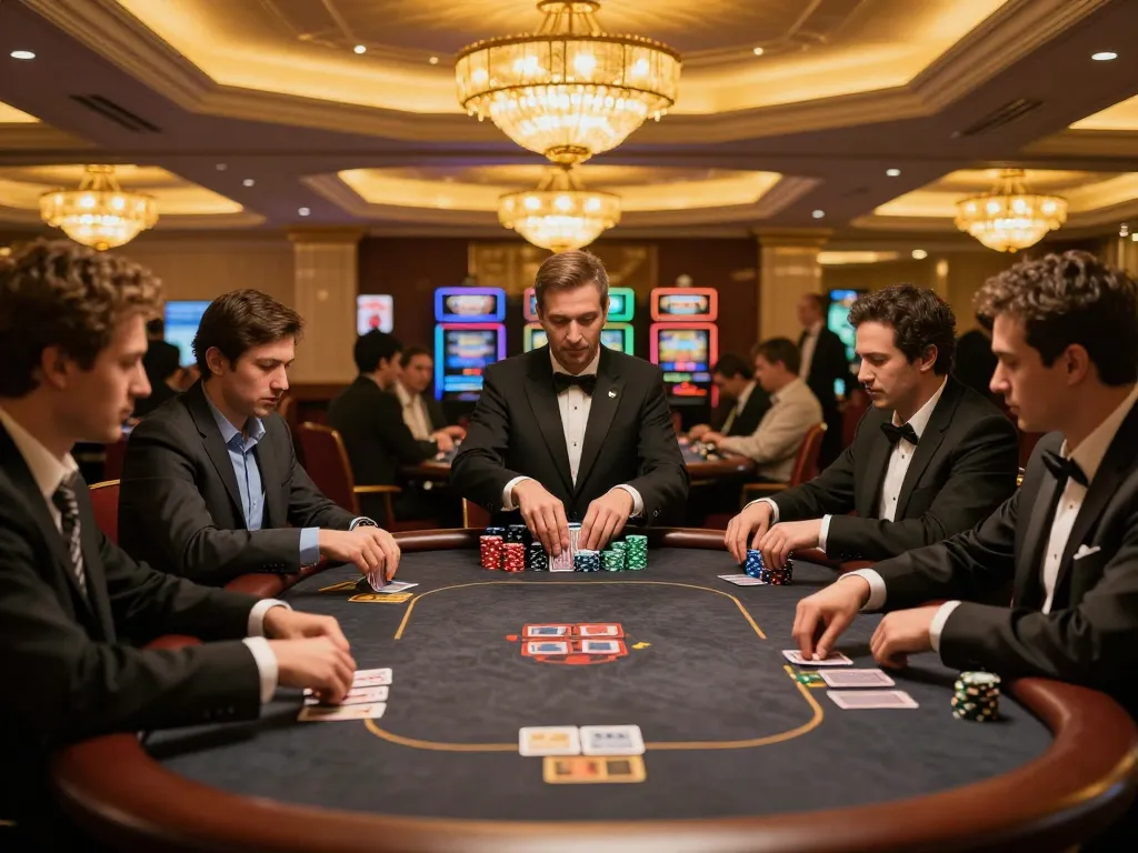 Players enjoying a high-stakes poker game at gem88's luxury casino, showcasing strategic moments and excitement.