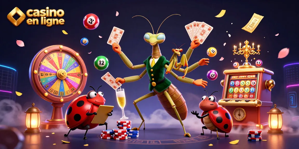 Jouez au casino en ligne avec l'illustration dynamique de jeux et personnages colorés.