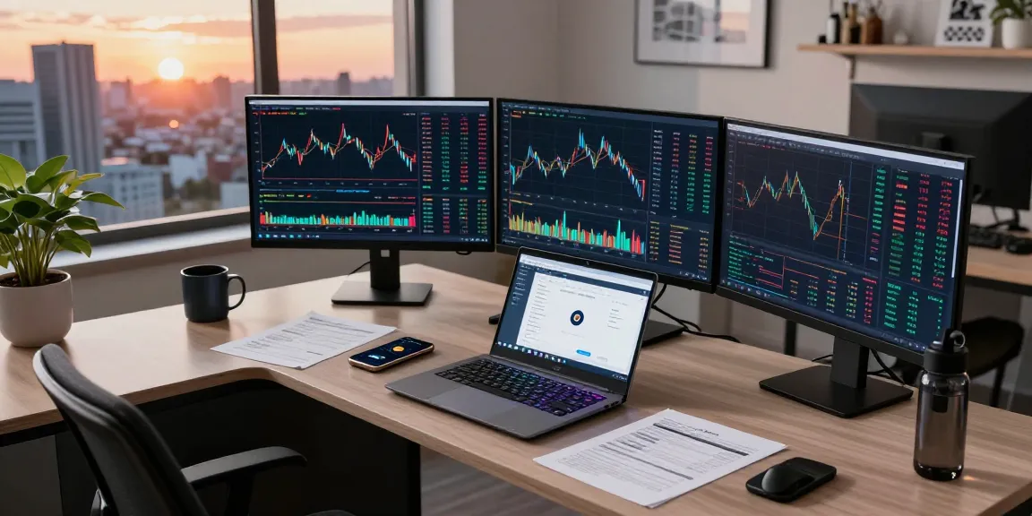 spy stock trading in a professional cryptocurrency office with multiple screens, digital wallet, and trading strategy materials