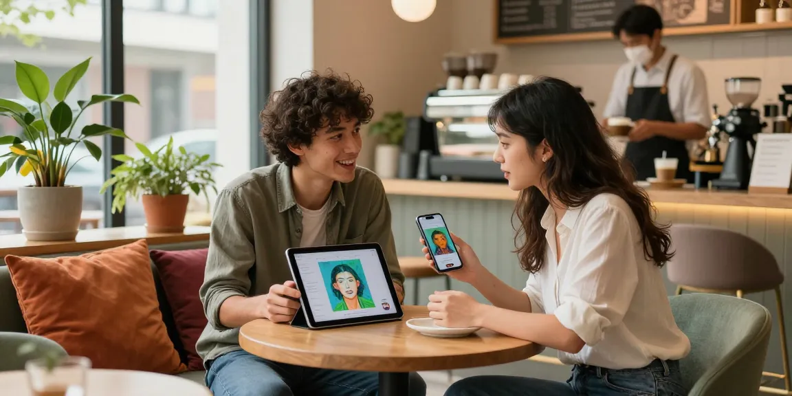 Young couple exploring AI gf content on devices in a cozy café.