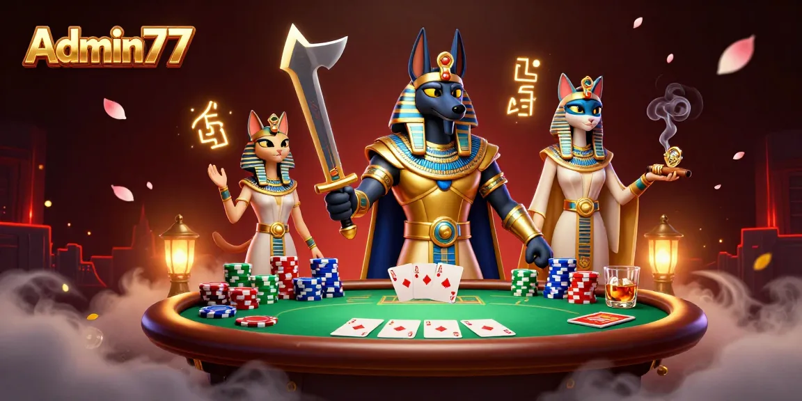 Admin77 showcases thrilling gameplay with ancient Egyptian characters in a vibrant casino scene.