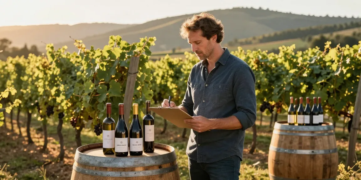 Entrepreneur exploring white label wine options in a vineyard at golden hour.