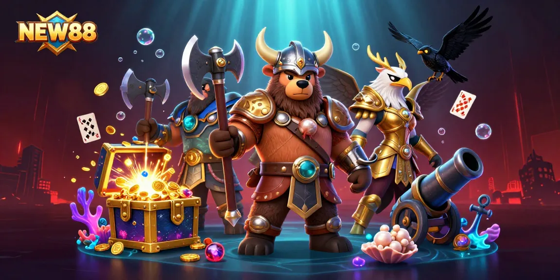 NEW88 brings exhilarating gameplay with cartoon Viking and Valkyrie amidst vibrant casino elements.