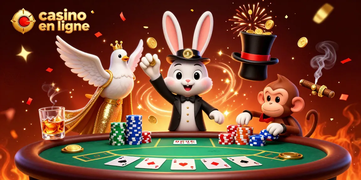 Gagnez avec le casino en ligne grâce à une illustration 3D captivante d'un magicien et un singe.