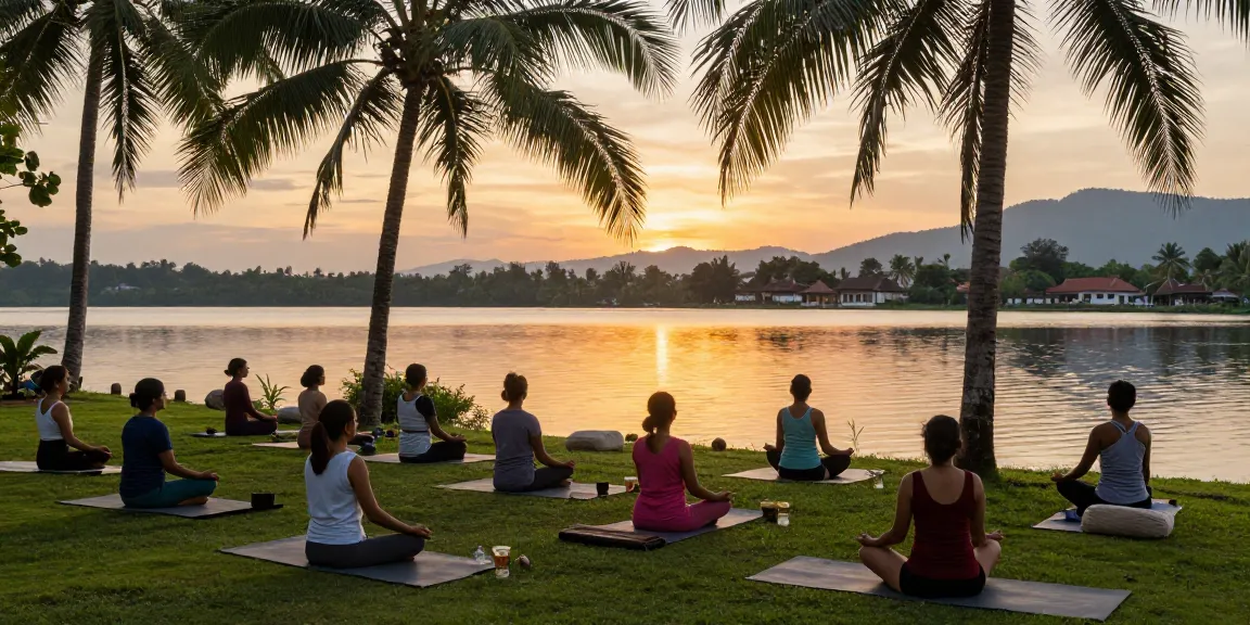 Yoga teacher training in Sri Lanka by Koggala Lake with students practicing under palm trees during sunset.