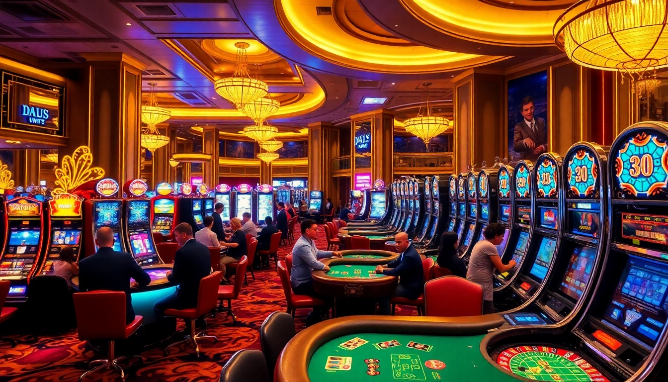 bbni4d menampilkan suasana kasino yang meriah dengan pemain dan mesin slot yang bersinar.