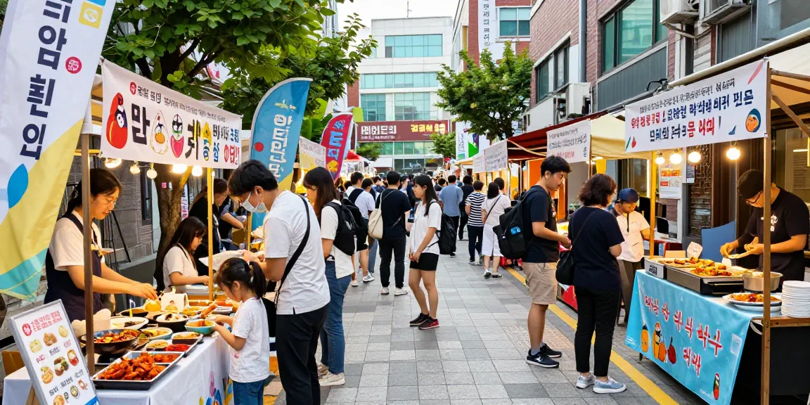 Vibrant scene of visitors at 상봉동 한국관 engaging with cultural displays and food stalls.
