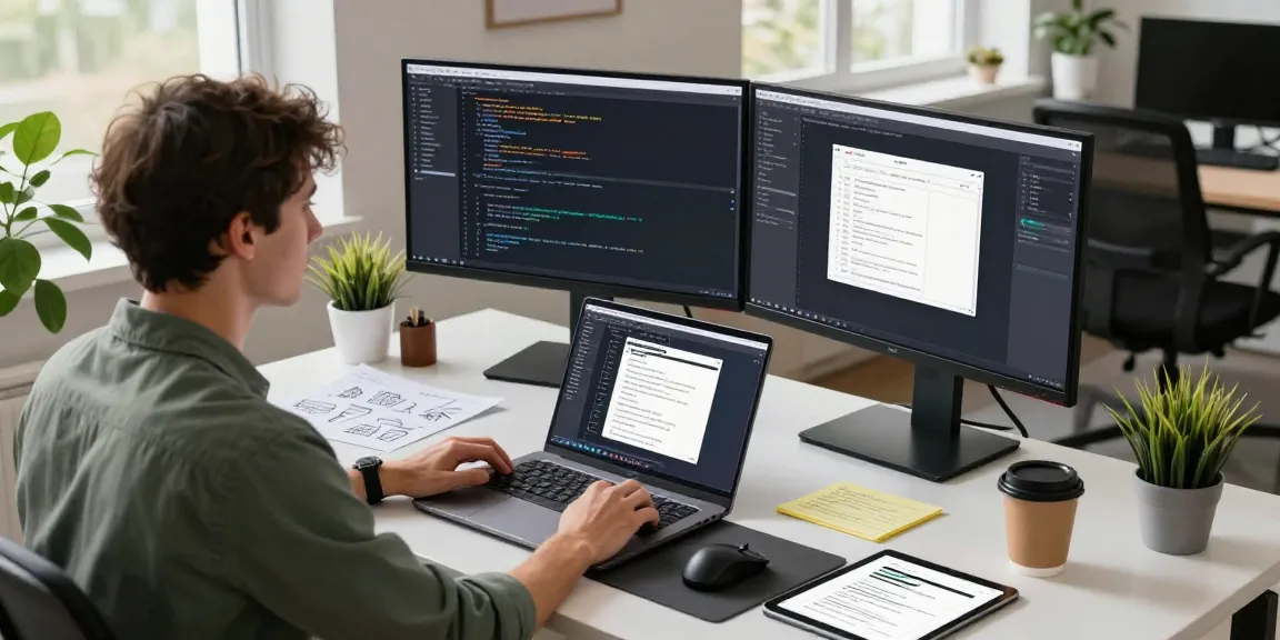 Engaged developer coding with 纸飞机中文版 on multiple screens in a modern tech workspace.