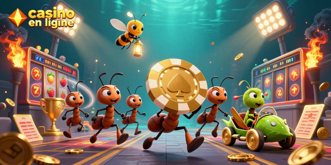 Les fourmis du casino en ligne s'échappent avec une puce de poker dorée, entourées d'éléments de machines à sous.