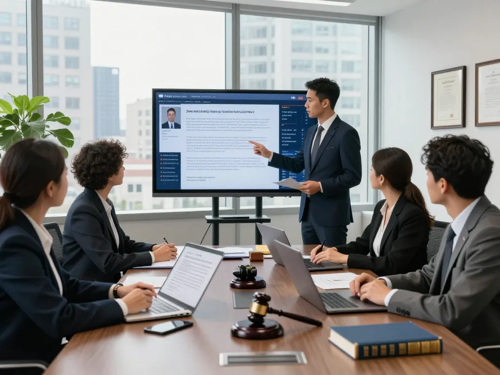 New York City Personal Injury Lawyer team strategizing in modern office setting with case presentations and collaboration.