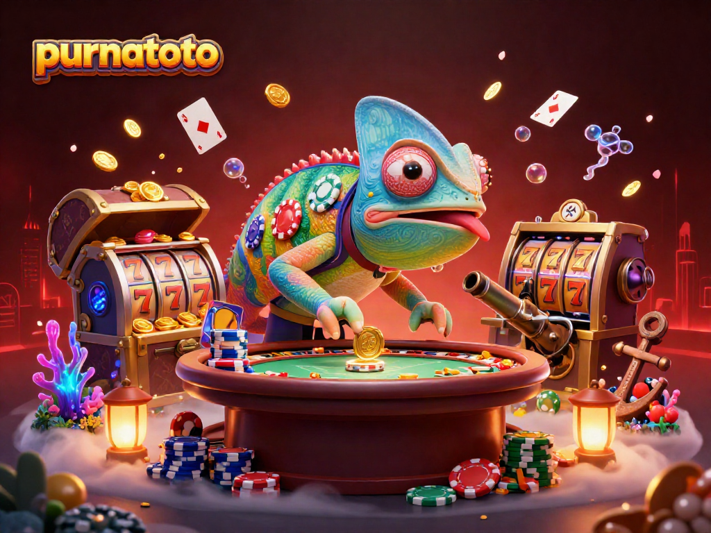 PURNATOTO menghadirkan suasana kasino dengan chameleon korporat, slot yang berputar, dan harta bawah laut.