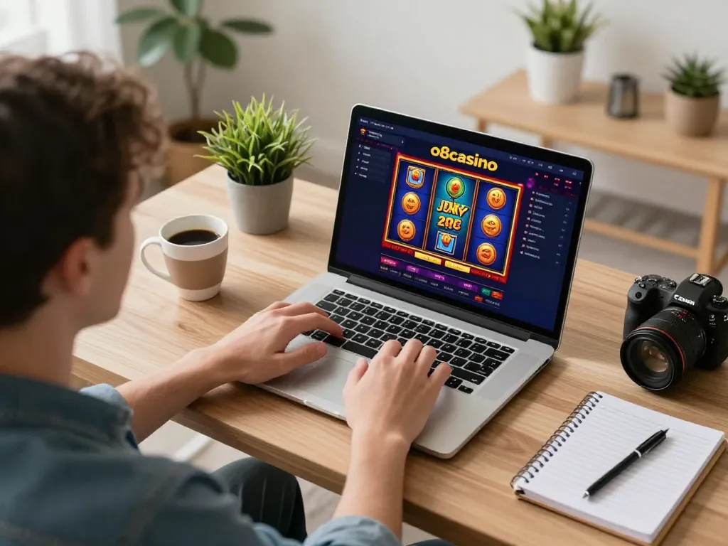 Playing exciting games on o8casino from a cozy home setup with a laptop and strategic notes.