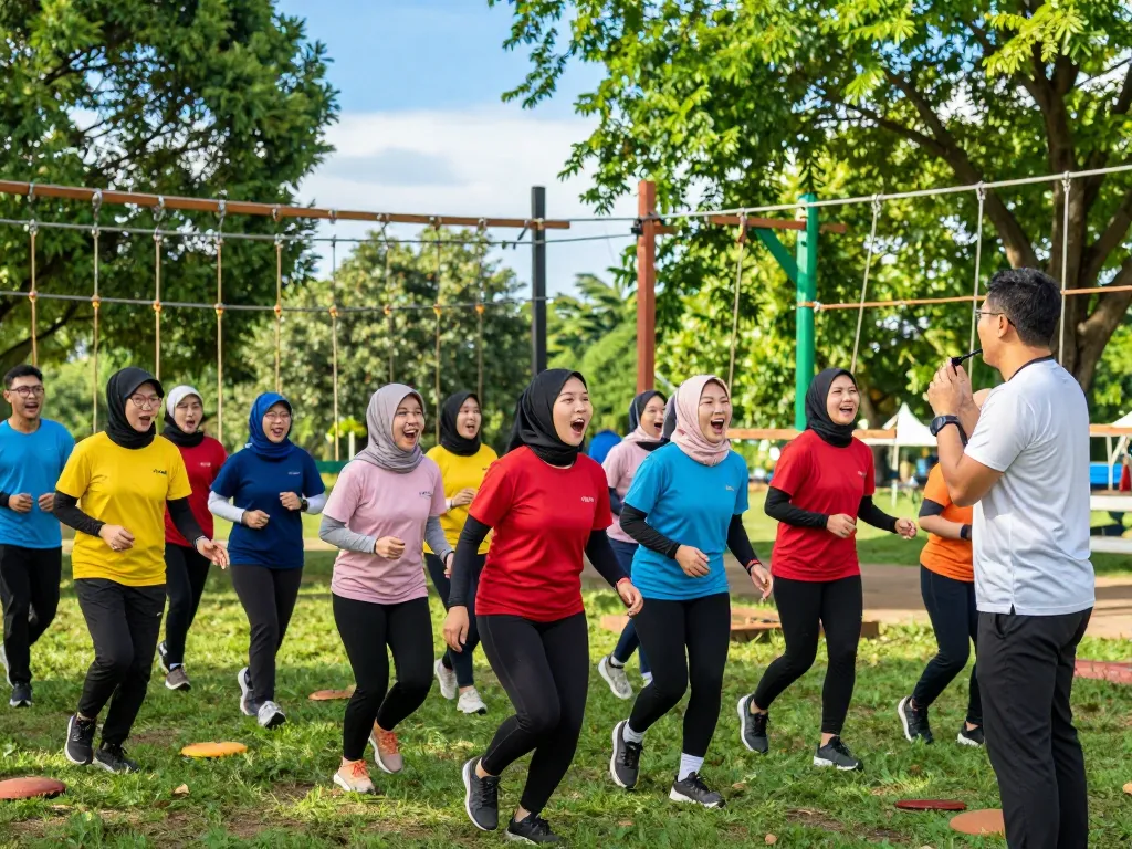Kegiatan outbound jogja yang mendebarkan untuk membangun tim dengan berbagai peserta di lingkungan luar ruangan yang cerah.