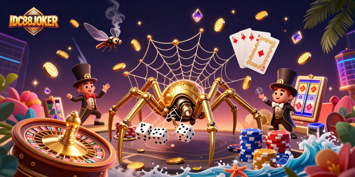 Experience thrilling casino action with IDC88JOKER's vibrant illustration featuring intricate golden spider and joyful gameplay.
