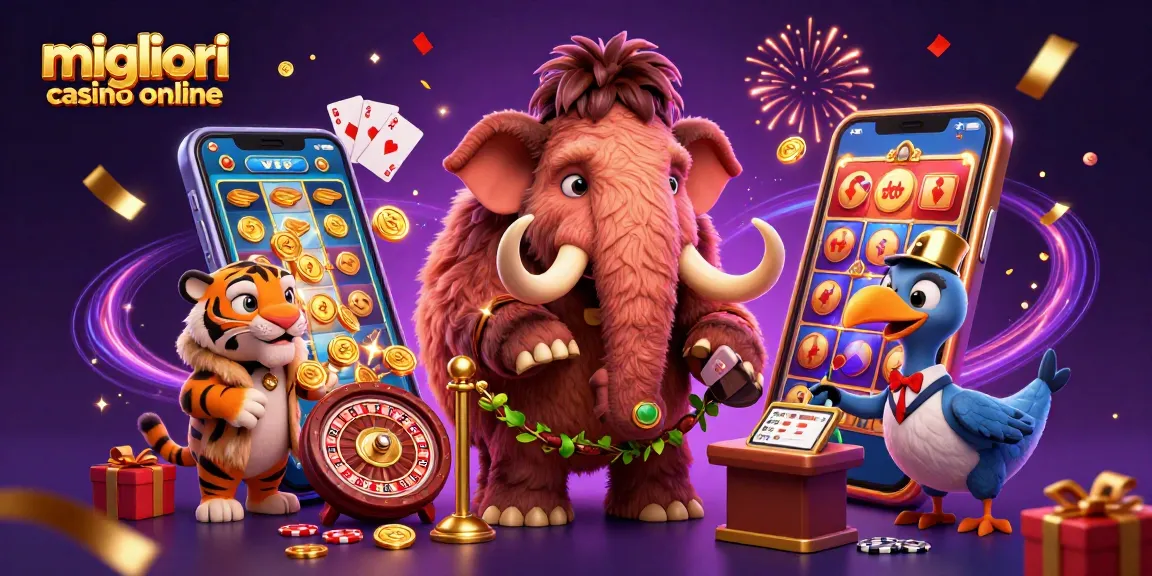 Migliori casino online in un'illustrazione 3D vivace con una mascotte mammut e un VIP.