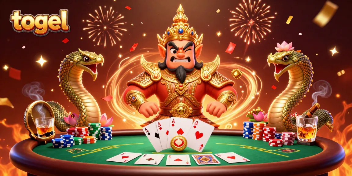 Engage in thrilling togel gameplay with a vibrant 3D illustration of guardians, poker chips, and festive confetti.