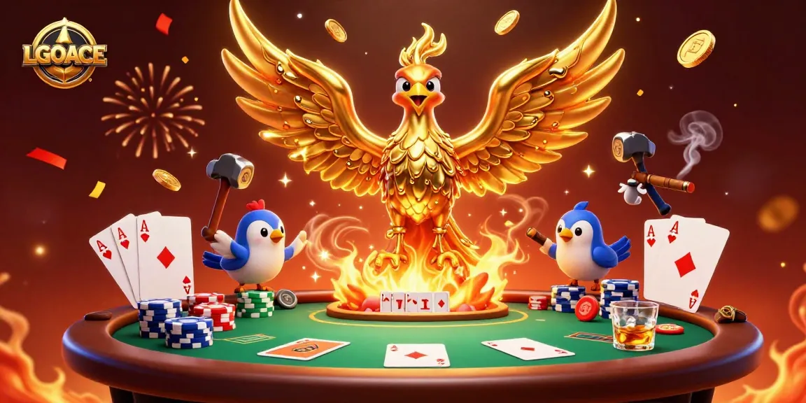 LGOACE players compete at a vibrant poker table surrounded by golden phoenix magic.