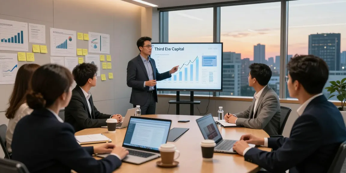 A business team collaborating on financial strategies at Third Eye Capital in a modern conference room.