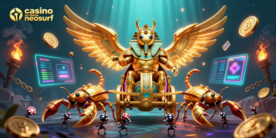 Casino en ligne Neosurf : illustration 3D dynamique de scarabée doré et éléments de jeu