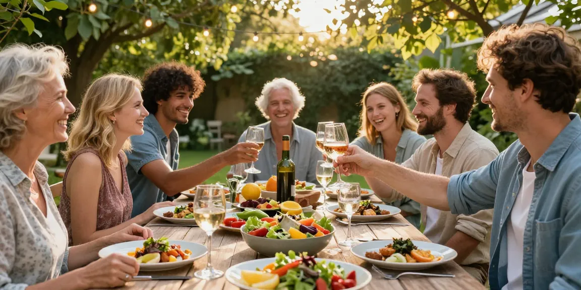 A gathering in a garden with friends enjoying seasonal dishes and wine, see more details in the vibrant outdoor dining atmosphere.
