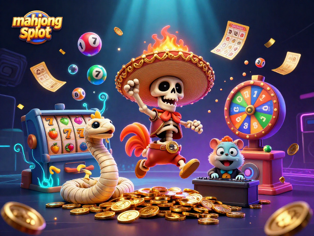 Mainkan mahjong slot dengan karakter unik dan elemen permainan dalam ilustrasi menarik.