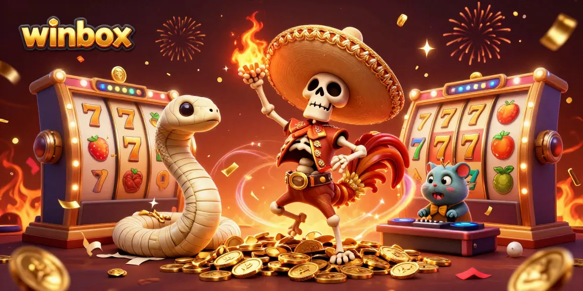 Engage with winbox's thrilling slots experience featuring vibrant 3D characters celebrating on a pile of coins.