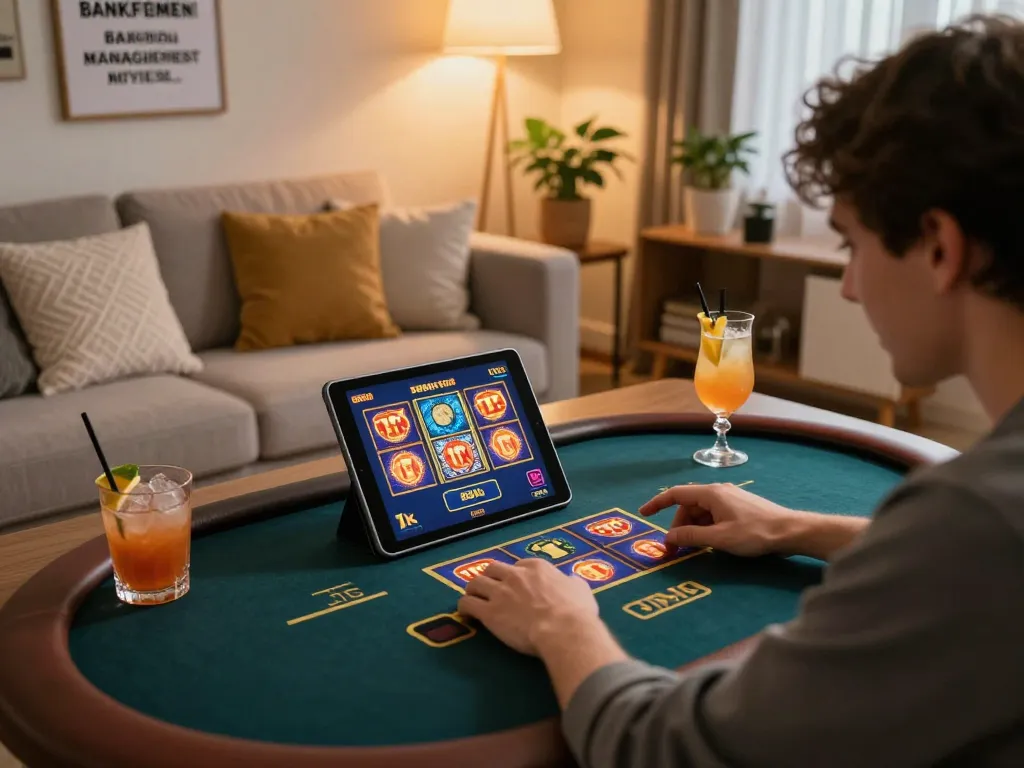 Engaging in slot depo 1k gameplay on a tablet in a cozy living room, highlighting strategic fun and comfort.