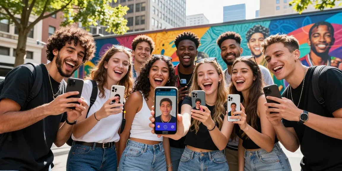 Group of friends discovering their celebrity look alike in a vibrant urban setting.