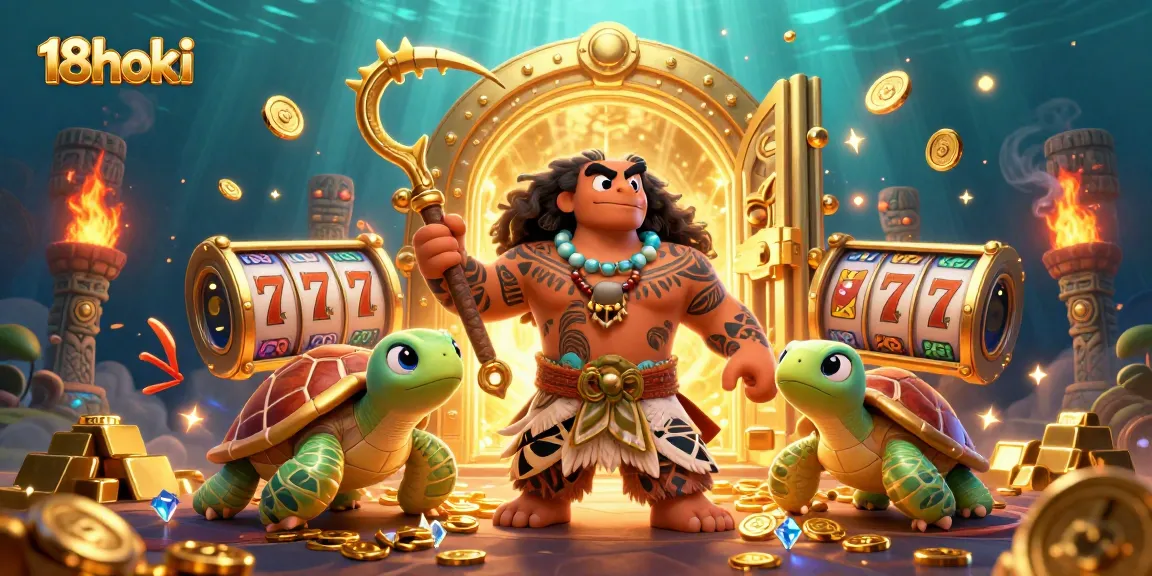 Experience the excitement of 18hoki's dynamic gaming world with vibrant illustrations of winning slots and treasures.