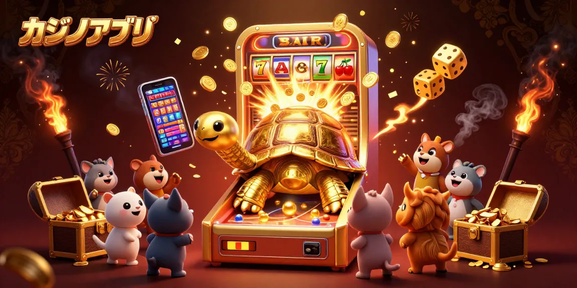 カジノアプリで楽しむ、金色の亀がピンボールマシンとして機能する賑やかなカジノのイラスト