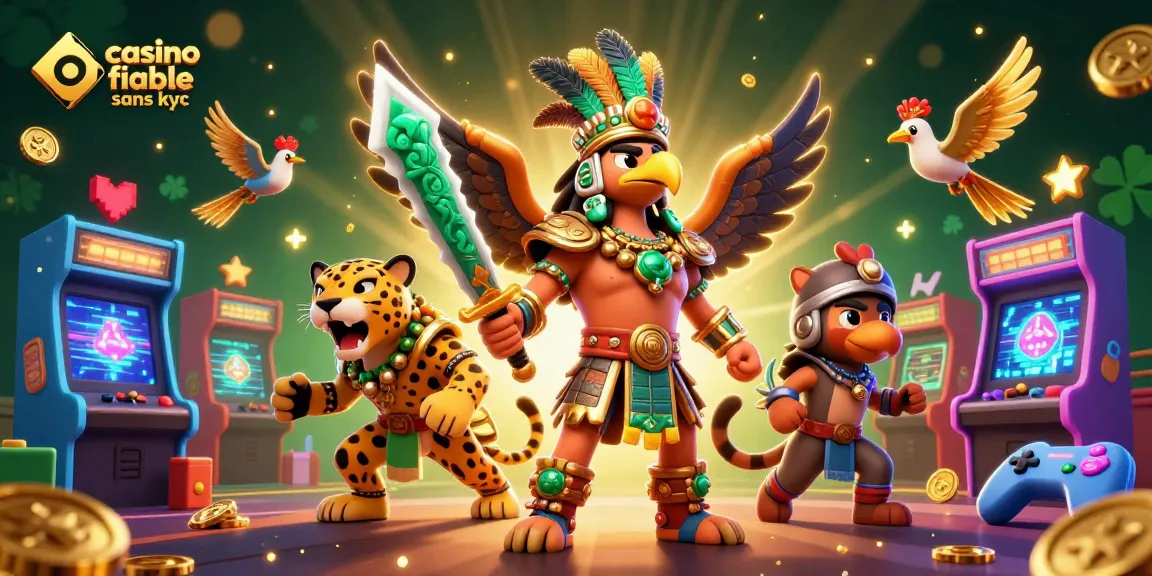 Jouez dans un casino fiable sans KYC avec des héros azteques entourés de machines à sous colorées.