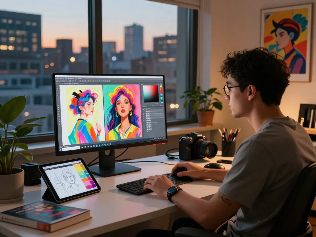 Creative professional designing NSFW AI art in dynamic digital studio setting