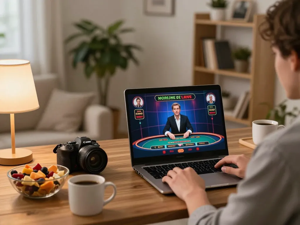 Engaging in an online live dealer game at home through LV88 platform with warm cozy atmosphere