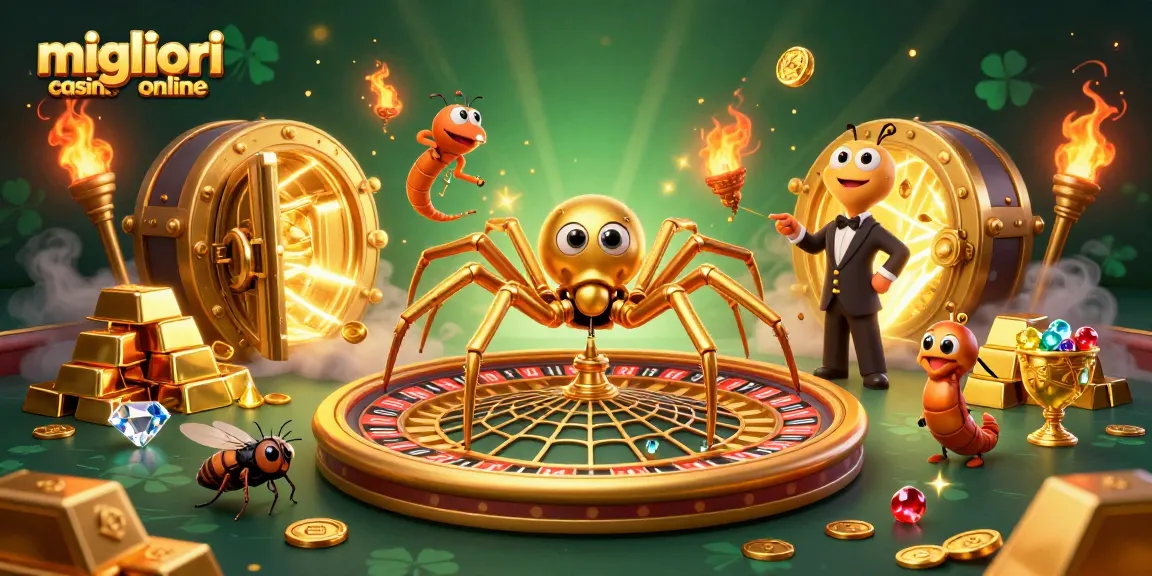 I migliori casino online offrono un'esperienza di gioco avvincente con la nostra illustrazione unica di un ragno d'oro e un croupier centopiedi.
