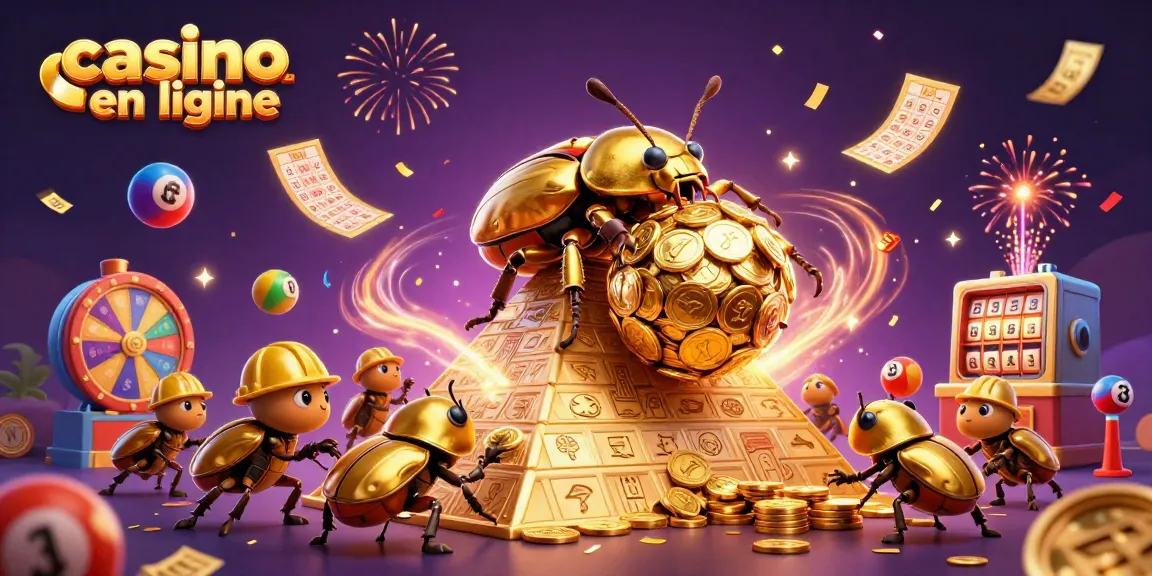 Des jeux de casino en ligne avec un scarabée doré et des ballons colorés.