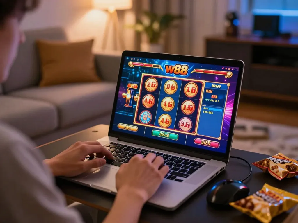 w 88 player enjoying a slot game on a laptop in a cozy home setting with snacks
