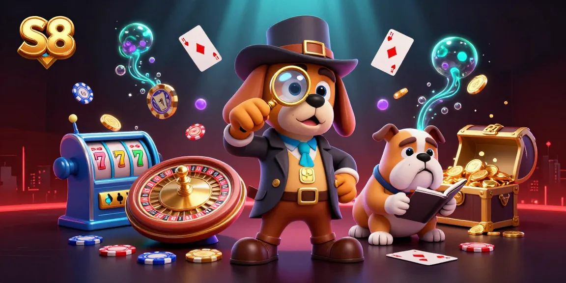 S8 casino scene depicting a detective and bulldog at a poker table surrounded by betting elements.