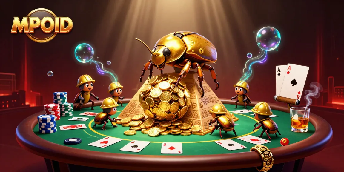 Engage with MPOID's vibrant 3D casino world featuring golden beetles and dynamic poker elements.