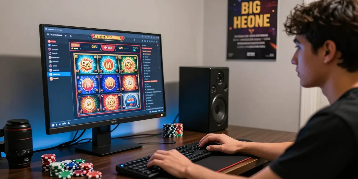 Situs depo 5k gaming scene with an engaged player at a modern desk showcasing colorful slot games.