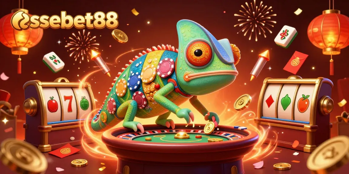 Immerse yourself in essebet88's vibrant casino world, featuring a chameleon owner, slot reels, and festive elements.