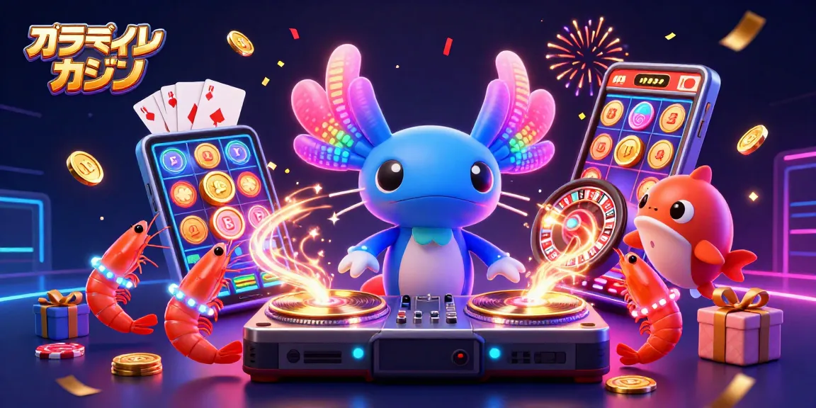 オンラインカジノで遊ぶ盛り上がるイベントシーン。カラフルなスロットやボードゲームが周囲に広がる。