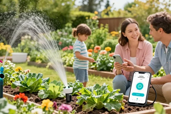 Family using rainpoint wifi water timer in lush garden to optimize watering schedules and enhance plant growth.