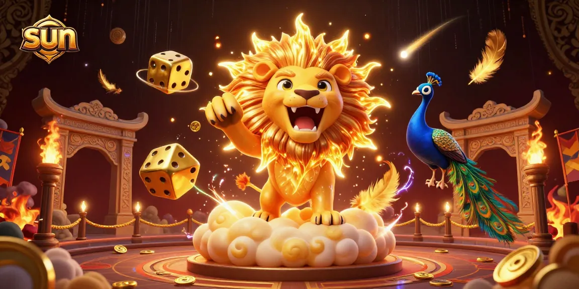 Embrace the sun as the lion roars in the vibrant casino universe, featuring golden dice and sparkling treasures.